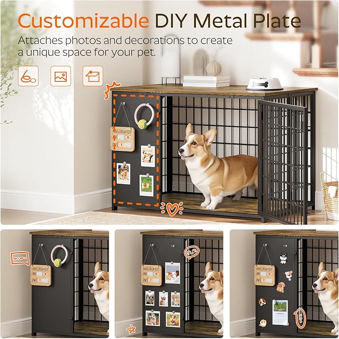 Foldable Dog Crate Furniture, Dog Crate with DIY Frame, Heavy Duty Dog Kennel Indoor with Hooks, Wooden Dog Cage End Table, for Small/Medium Dogs, Rustic Brown and Black DC95BR