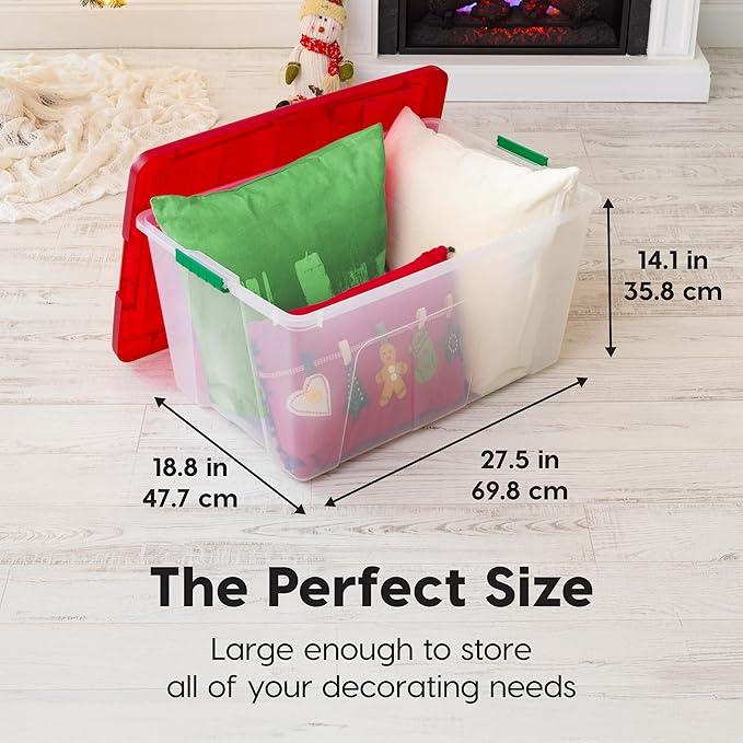 IRIS USA 94 Qt. Stackable Plastic Storage Bins with Lids, 2 Pack - BPA-Free, See-Through Organizing Solution, Latches, Durable Nestable Containers, Secure Pull Handle, Made in USA - Red