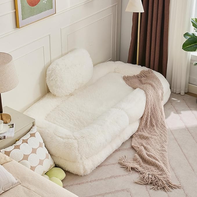 Beige Foldable Human Dog Bed - 69"x35"x12" Fits You & Pets with Comfy Pillow, Washable Faux Fur, Oversized Lounger Lazy Sofa Beds with 5 Adjustable Position