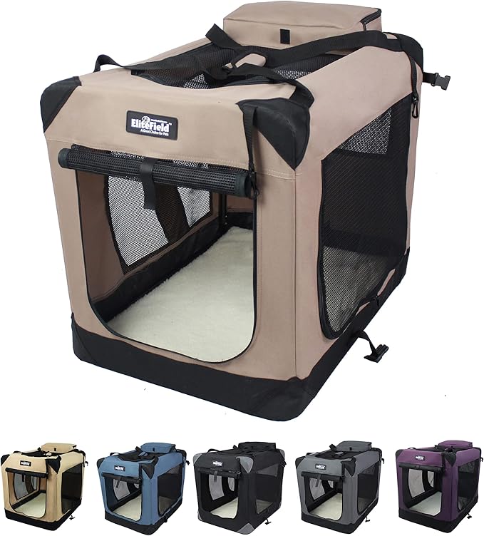 EliteField 3-Door Folding Soft Dog Crate with Carrying Bag and Fleece Bed (2 Year Warranty), Indoor & Outdoor Pet Home (24" L x 18" W x 21" H, Khaki)