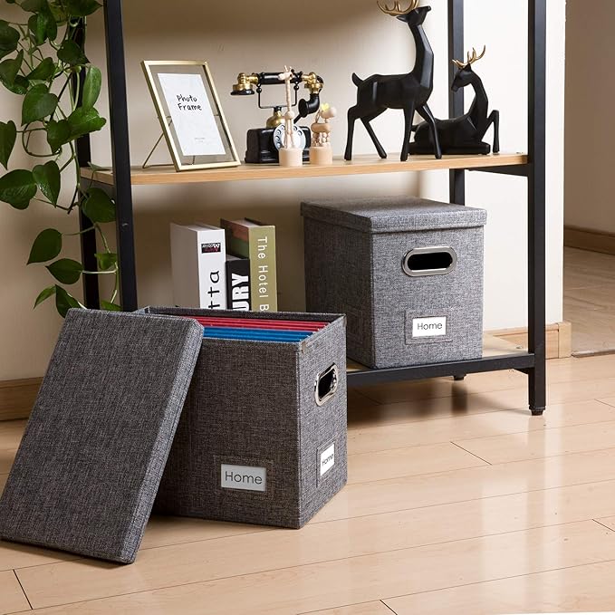 PRANDOM File Organizer Box - Set of 1 Collapsible Decorative Linen Filing Storage Hanging File Folders with Lids Office Cabinet Letter Size Grey (14x9.3x10.8 inch)