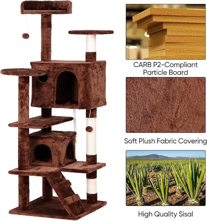 54-Inch Cat Tree for Large Cats, Sturdy Multi-Level Cat Tower with 2 Condos, Hanging Ball and Sisal Scratching Posts, Durable Cat Furniture for Indoor Cats (Brown)