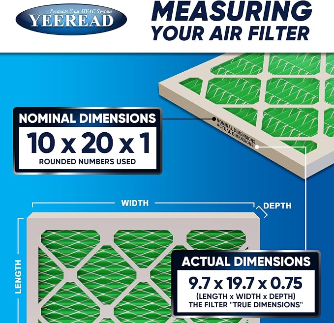 10x20x1 MERV 13 Air Filters, Actual Size: 9.70" x 19.70" x 0.75", Pleated Design