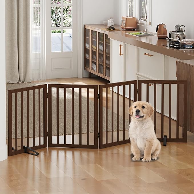 Dog Gates for Doorways, Freestanding Dog Gate Indoor, Foldable Pet Gates for Doorways Bedroom, Puppy Gate with Metal Support Feet, Room Divider 4 Panels (Dark Walnut)