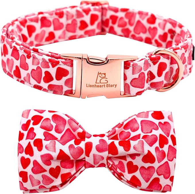 Lionheart glory Dog Bow Collar Valentine's Day Dog Collars Adjustable Soft Red Hearts Dogs Collar with Bowtie for X-Small Dogs Puppy Female Male Spring Holiday Pet Collars Bows