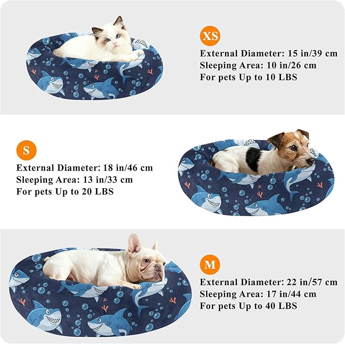 Burbuja Sharks Donut Pet Bed, Calming Soft Dog Bed with Anti-Slip Bottom, Round Cuddler Support for Dogs & Cats, Washable 16 in