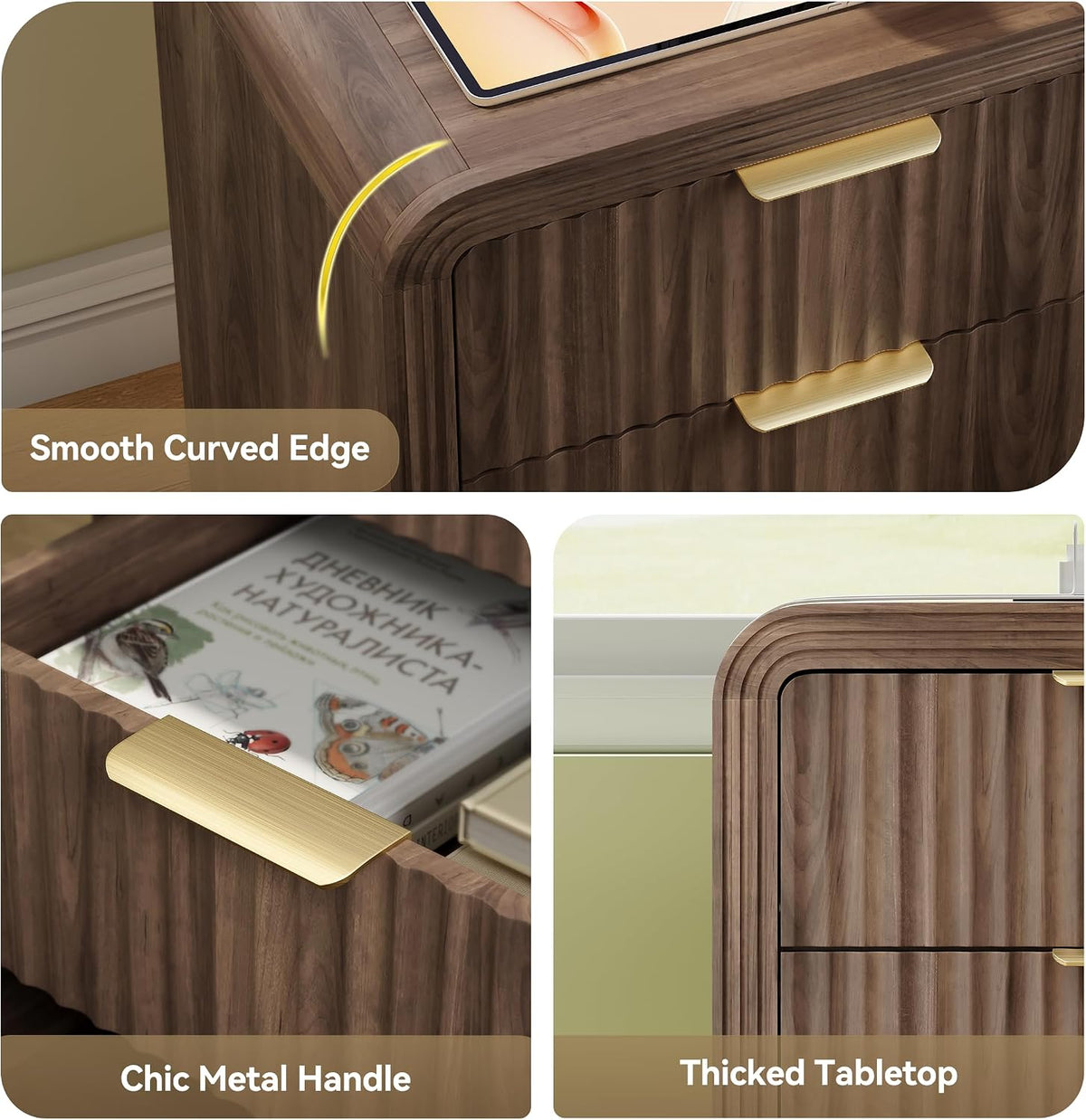 Decofy Fluted 3-Drawer Nightstand Set of 2 with Charging Station, Walnut