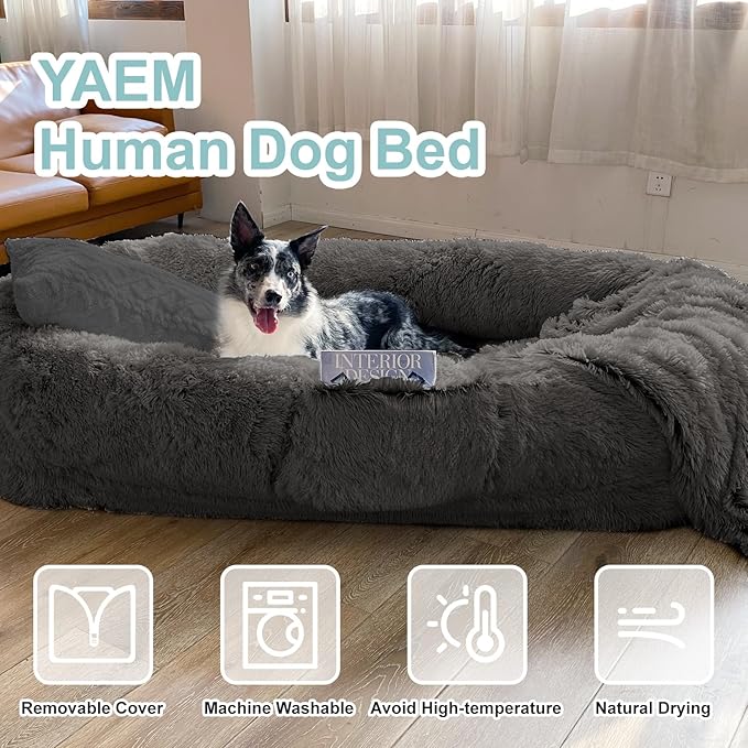 YAEM Human Dog Bed, 71"x45"x12" Calming Giant Human Size Dog Bed for Adults, Washable Faux Fur Orthopedic Napping Pet Beds with Non-Slip Bottom, Dark Grey