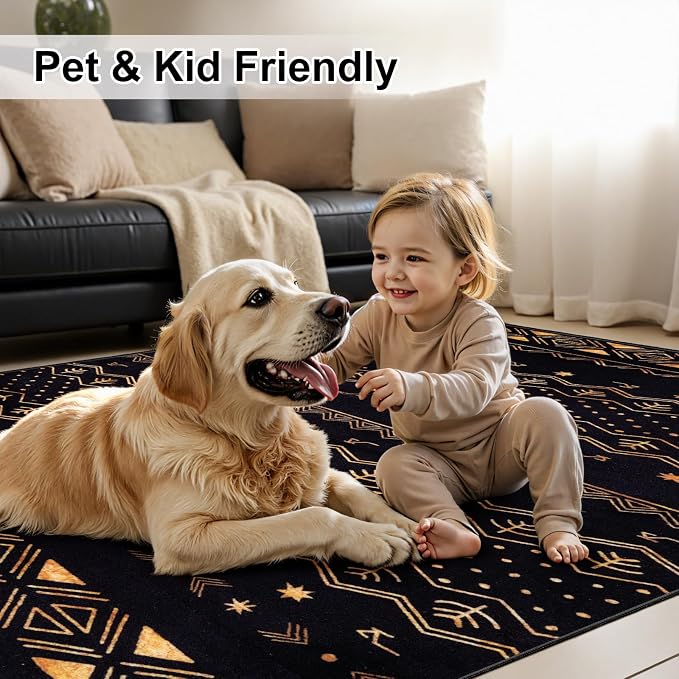 SERISSA 3x5 Area Rugs for Living Room, Washable Non-Slip Black and Gold Small