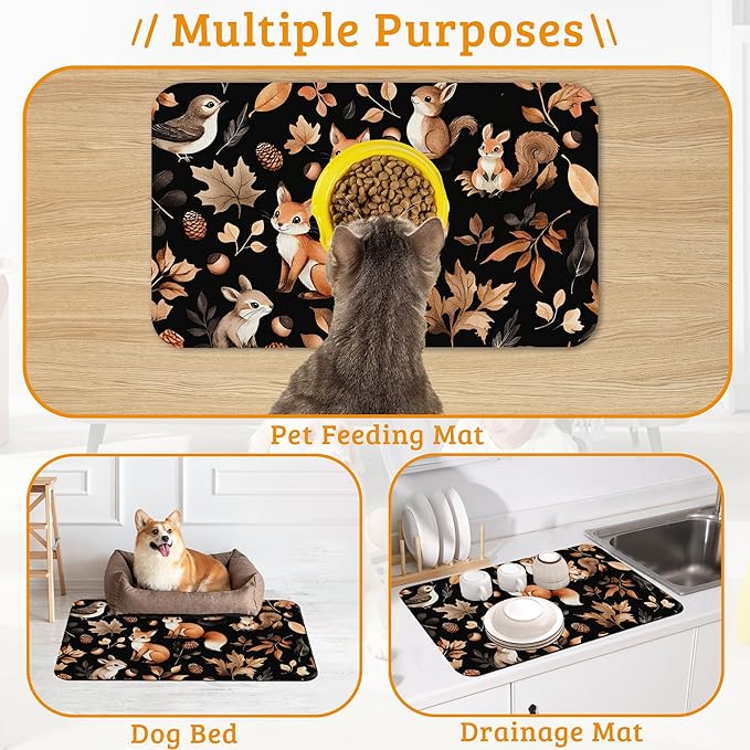 Cute Squirrel Dog Cat Food Mat,Bird Fox Absorbent Waterproof Placemat for Food and Water Non Slip Rubber Backing Durable Feeding Pad for Clean Floors 16" x 24"