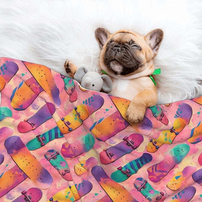 Waterproof Dog Blanket Soft Pet Blanket for Puppy Cat, Fleece Cat Throw Blankets for Furniture Bed Couch Sofa Reversible - Watercolor Colorful Skateboards