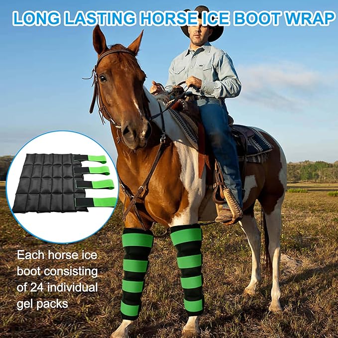 Horse Ice Pack, Ice Boots for Horse Injuries, Cooling Horse Leg Wraps for Hock, Ankle, Knee, Legs, Boots, and Hooves, Cold Compression for Horse Care, Hock Sprain, Set of 2, 16.9'' x 16.1'', Green
