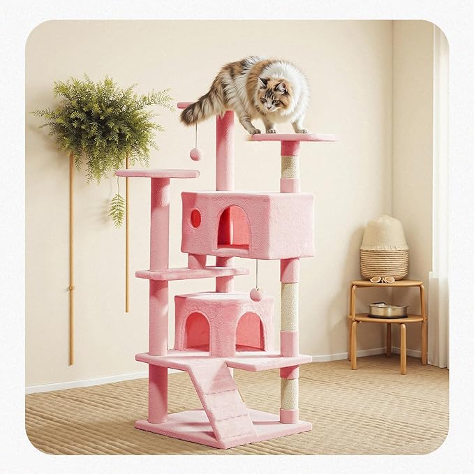 Cat Tree 54 Inch, Multi-Level Cat Tower with Condo, Perches, Sisal Scratching Posts and Climbing Ladder, Pet Play Toy Balls House for Indoor Cats, Pink