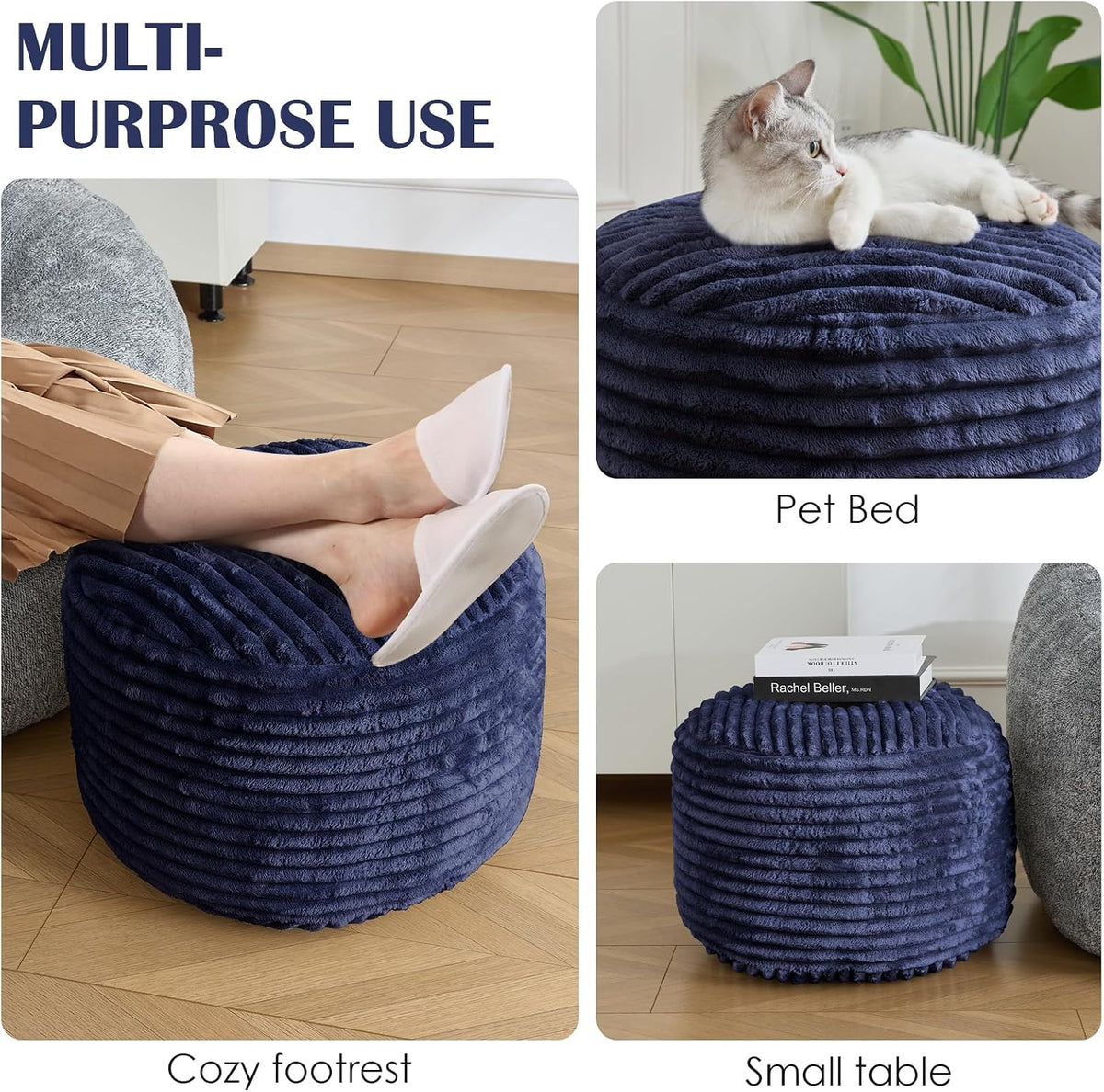 SHOUREN Stuffed Round Ottoman,Pouf Ottoman Foot Rest,18 X 14,Navy