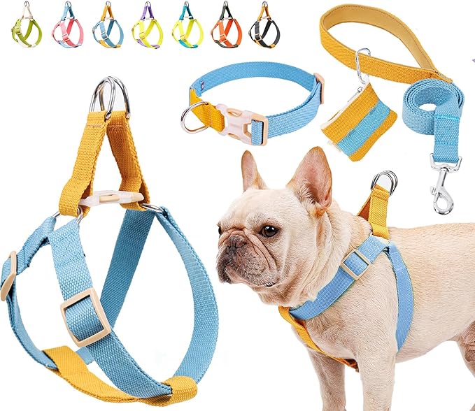 No Pull Dog Harness and Leash Set, Dog Collar, Step in Dog Halter Harness with Poop Bag Holder, Adjustable Lightweight Cotton Straps Suitable for Small Medium Large Dogs Outdoor Walking Running Hiking
