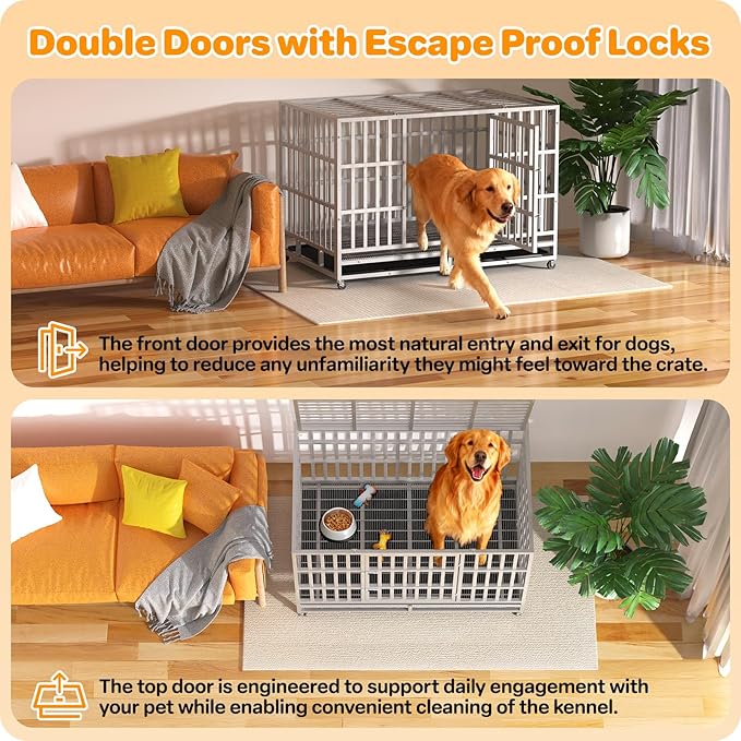 48 Inch Heavy Duty Dog Crate, Indestructible Escape-Proof Dog Kennel for High Anxiety Large Dogs, Strong Metal Pet Cage with Double Doors, Lockable Wheels & Removable Tray, XL XXL XXXL