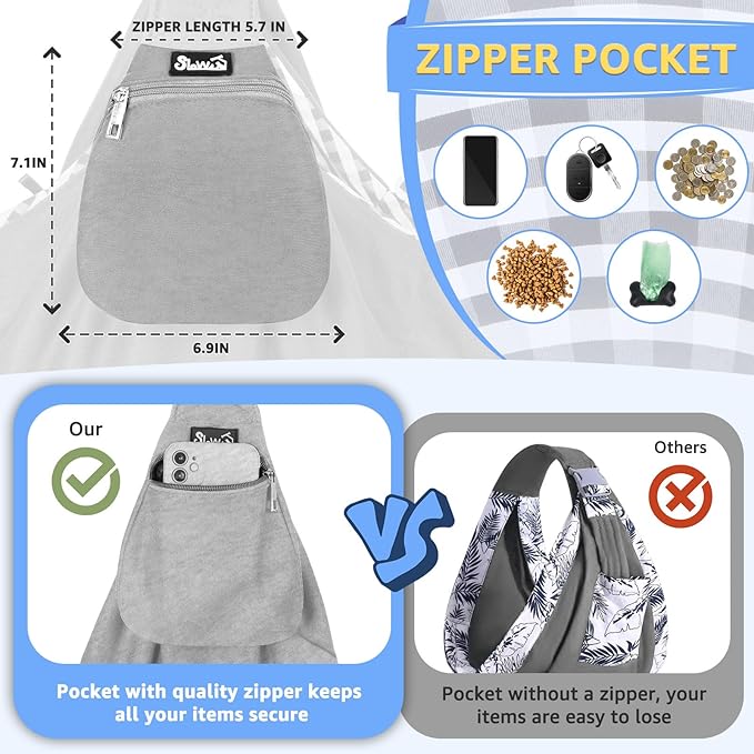 Lukovee Pet Sling, Hand Free Dog Sling Carrier Adjustable Padded Strap Tote Bag, Shoulder Bag with Safety Belt & Front Pocket for Small Dog Cat Puppy (Grey-WY,M)