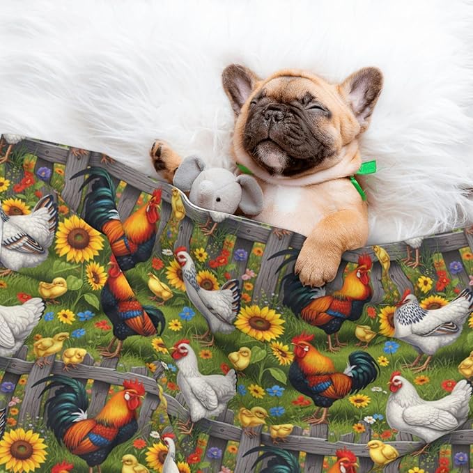 Reversible Pet Blanket for Easy Cleaning Maintenance, Chicken Rooster Garden Flowers Painting, Double Sided Plush Dot Design Means Double Use Between Washes for Convenience