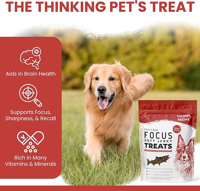 Chew + Heal Labs Dog Salmon Jerky Treats with Cognitive Support - 5 oz of Wild Caught Salmon Jerky Dog Treat - Made with Gingko Biloba, Blueberries, Cranberries, Pumpkin, and More - Made in The USA