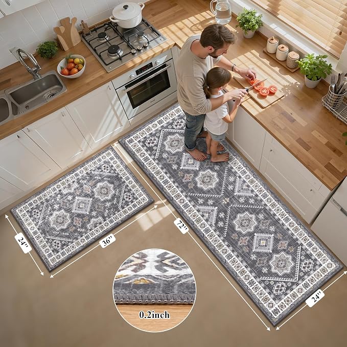 HEBE Boho Kitchen Rugs Sets of 2, Non Slip Washable Kitchen Mats