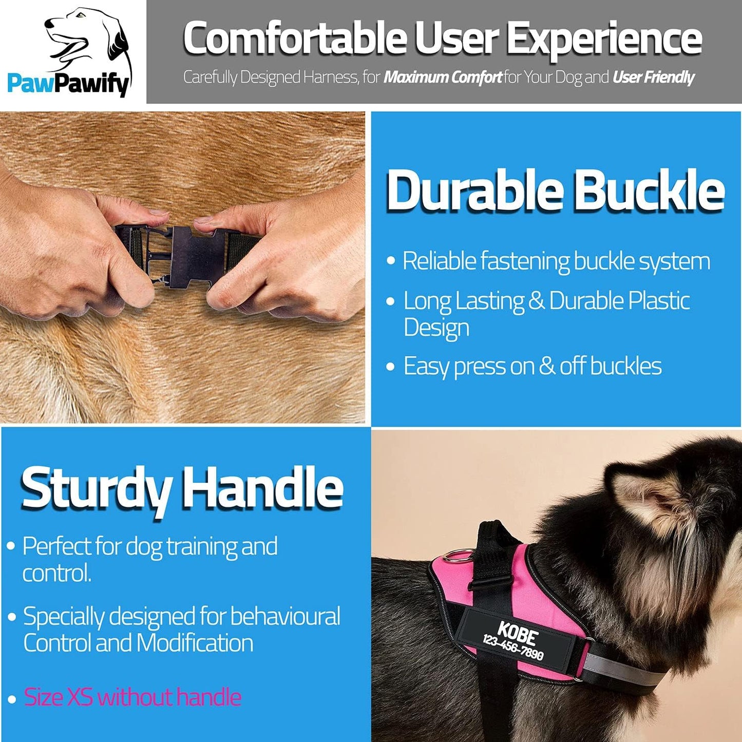 PawPawify Custom No Pull Dog Harness with Name and Phone Number, Heavy Duty Personalized Pet Vest to Prevent Tugging, Pulling, or Choking, Training and Walking (Black, S (10-19LBS))