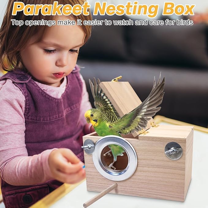 PINVNBY Parakeet Nesting Box Bird House for Cage Wood Mating Box Bird Breeding Box for Lovebirds, Cockatoo, Budgie, Finch, Canary Small and Medium Sized Birds (XL: 13.3 x 7.8 x 7.08 inch)