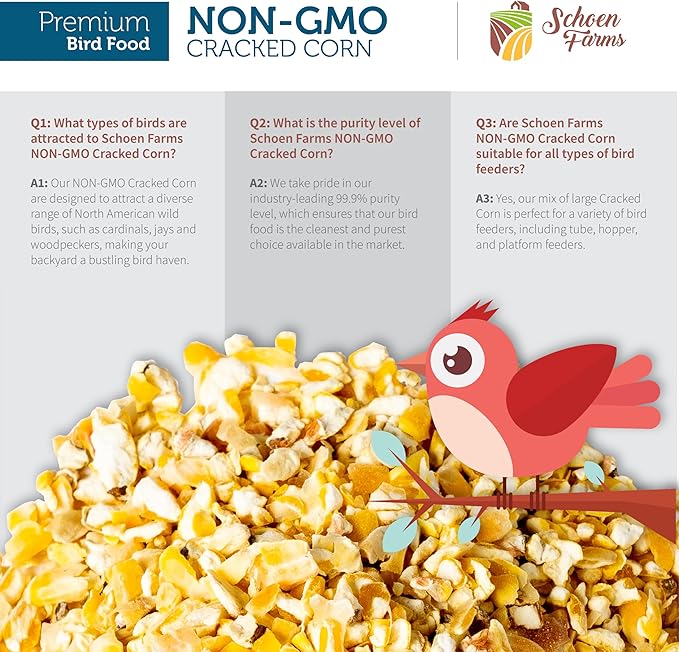 Schoen Farms Non-GMO Cracked Corn Wild Bird Food – 7 lb Bag – Natural Backyard Feed for Doves, Jays, Ducks, Pheasants & Squirrels