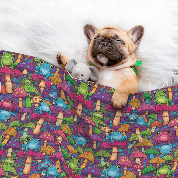 Reversible Plush Dot Pet Blanket for Dogs and Cats, Watercolor Frogs Trippy Mushroom Cartoon, Ultra Soft Two Sided Design with Warm Fuzzy Side and Smooth Side for Comfort