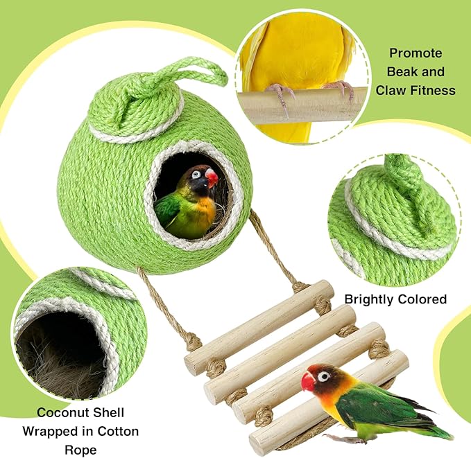 Tfwadmx Coconut Hide with Ladder, Natural Coconut Fiber Hanging Birdhouse Cage, Handmade Sisal Rope & Coconut Bird Shell Breeding Nest for Parrot Parakeet Lovebird Finch Canary (2 Pcs Green)