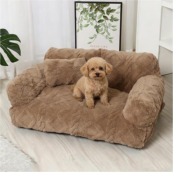 Plush Calming Pet Sofa Bed, Raised Rim, Removable Cover & Non-Slip Bottom for Cats & Dogs, Calming Dog Bed Fluffy Plush Dog Mat for Furniture Protector with Removable Washable Cover (Khaki, Small)
