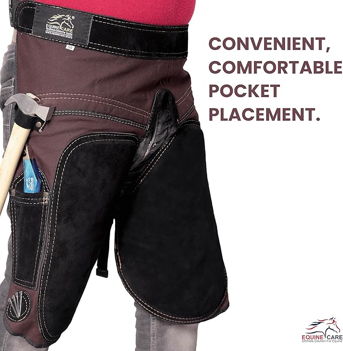 Equine Care Farrier Apron Chaps – 2mm Cowhide Suede Leather, 500 GSM Canvas, 23" Length, Adjustable Waist (28–52"), Ambidextrous Knife Pockets, Magnets & Loops – Horseshoeing & Hoof Trimming.