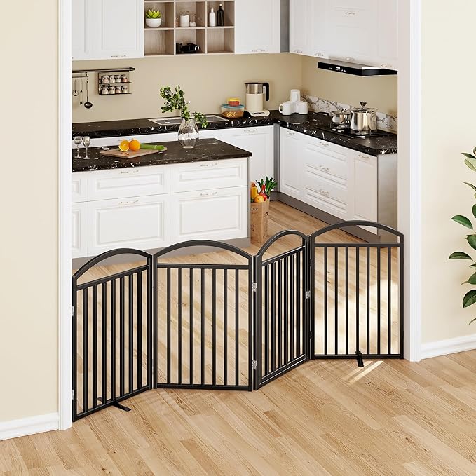 Folding No-Assembly Freestanding Dog Gate with Door,32" Heights Foldable Pet Fence,96" Extra Wide Accordion Puppy Folding Playpen for Doorways,House,Stairs (4 Panels,Black)