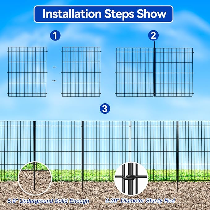 INJOPEXI Garden Fence 6 Panels 11.8ft (L)×30in (H) Decorative Garden Fences with 6 Panels Rustproof Wire No Dig Metal Garden Fence Animal Barrier Fencing for Yard Outdoor Patio - Without Fence Gate