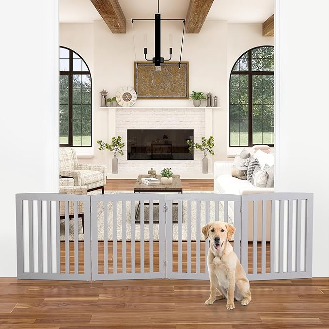 ZENY 24 Inch Pet Dog Gate, Foldable Freestanding Dog Door 4 Panel, White Wooden Z Shape Step Over Pet Fence for Entryway, Stairs, Doorway (Grey)
