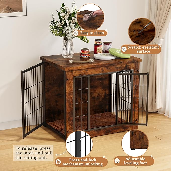Greesum Modern Dog Crate Furniture That Doubles as a Side Table - Sturdy Wooden Kennel with Double Door Design, Equipped with Soft Cushion & Chew-Resistant Resign, Suitable for Dogs