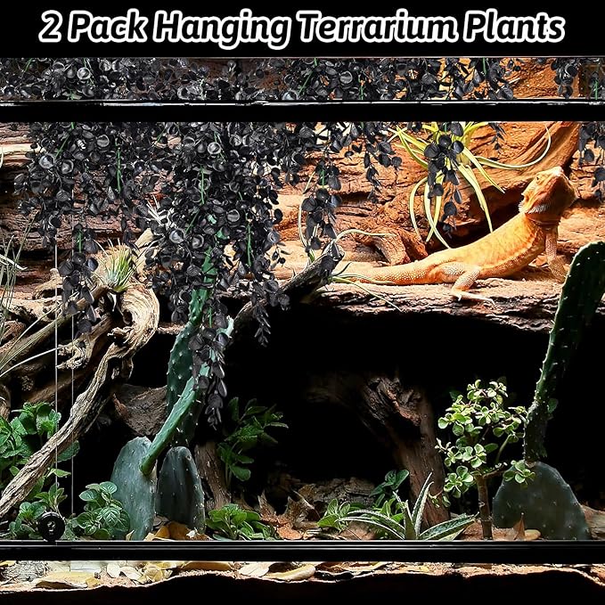 Hamiledyi 6 PCS Reptile Plants, Hanging Terrarium Plants, Artificial Leaves Habitat Decorations with Suction Cup, Fake Amphibian Plants for Bearded Dragon Lizard Hermit Crab Geckos Chameleon(Black)