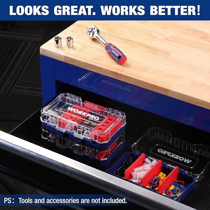 WORKPRO Small Parts Organizer 3 Pieces, Portable Stackable Hardware Storage Case with Removable Dividers, Clear Lid Tool Box Organizer for Screws, Bolts, Nails, Craft Supplies and Small Accessories
