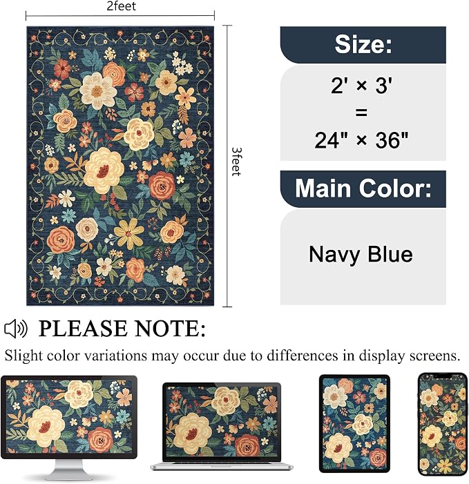 DUKINO 2x3 Rugs for Entryway, Floral Indoor Washable Door Mat, Non Slip Boho