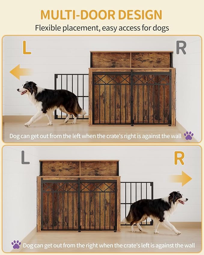 39.4'' Dog Crate Furniture, Large Wooden Dog Crate with Storage and 3 Doors, Indoor Kennel for Medium/Large Dogs, End Table with Barn Door, Chew-Proof and Escape-Proof, Rustic Brown DFC87401B