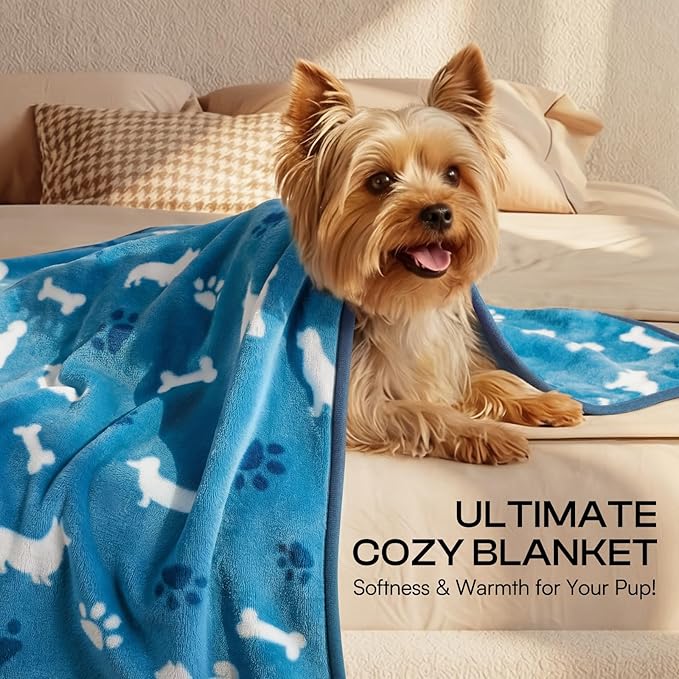 Luciphia 1 Pack 3 Blankets, Cute Dog Printed Fluffy Fleece Pet Blanket for Dogs Cats Washable, Warm Soft Throw Cover for Crate Couch, Gifts Puppy Essentials, Blue/Grey/Khaki, Small (23x16 inch)