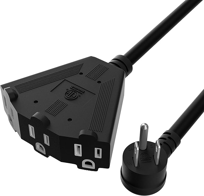 14/3 Gauge Heavy Duty Outdoor Extension Cord 2 FT, 90 Degree Angled 3 Prong Plug, 14 Gauge Power Cable with 3 Outlets, 14AWG, 15A, 125V, 1875W, ETL Listed, Black Wire, with Free Carrying Strap+Ties
