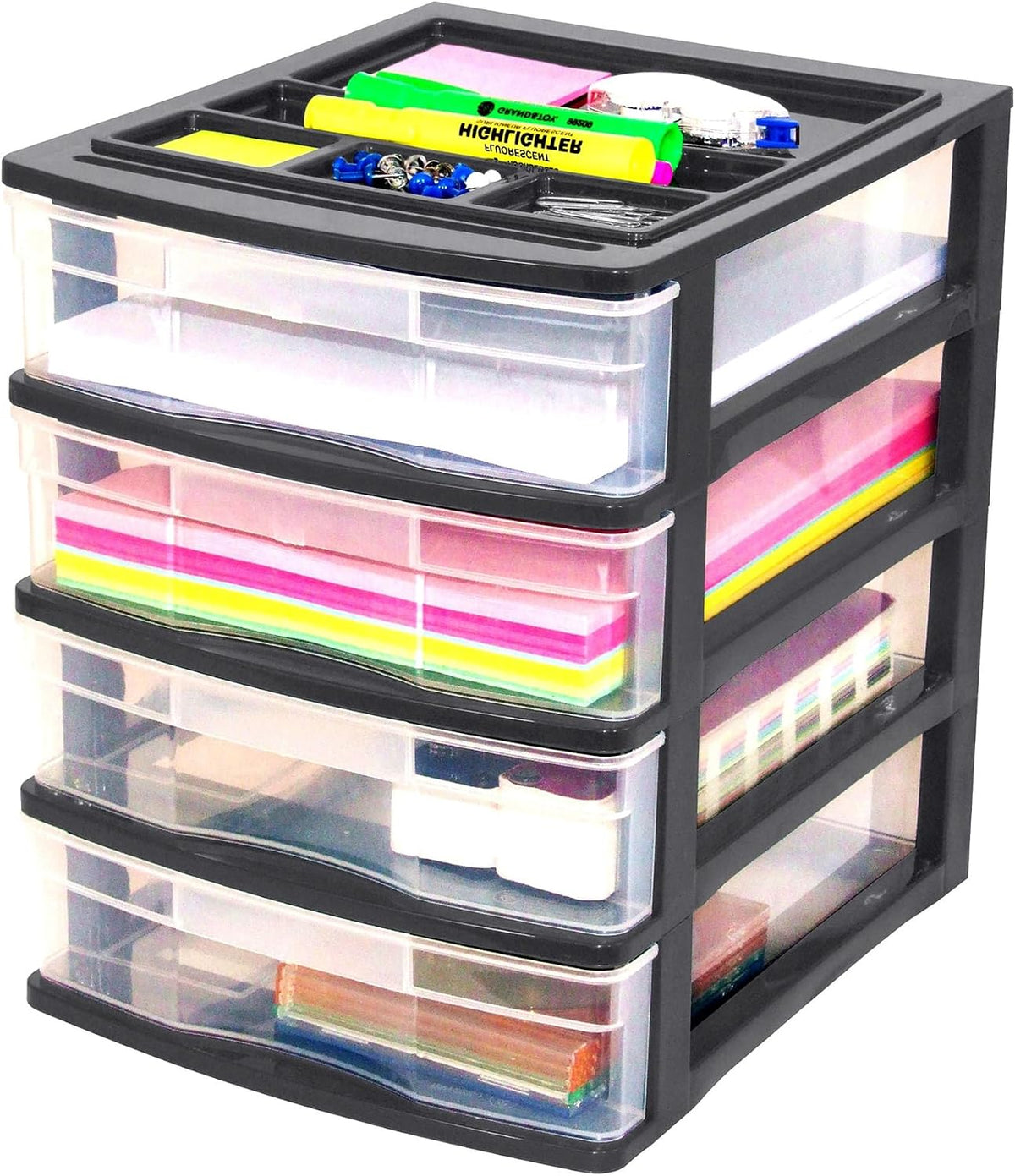Gracious Living 4-Drawer Desktop Organizer with Tray Top, Black, 3-Pack