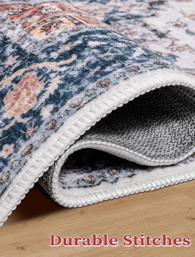 SERISSA Boho Washable Runner Rug, 2x5 Rug Non-Slip Vintage Blue Orange Hallway