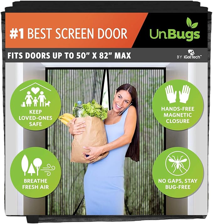 UnBugs Magnetic Screen Door - Fits French Door & Double Doors up to 50 x 82 Inches MAX - Pet & Kid Friendly, Self-Closing - Hands Free Magnet Closure Keeps Bugs Out & Breeze in