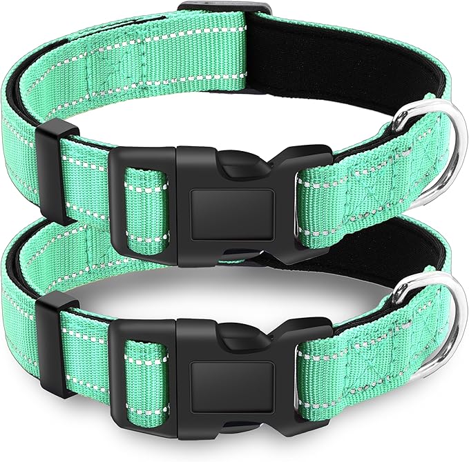 2 Pack Reflective Dog Collar with Safety Locking Buckle, Adjustable Soft Breathable Comfortable Nylon Pet Collar for Small, Medium and Large Dogs, Turquoise, XL