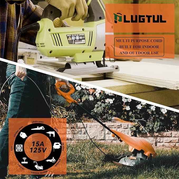 PLUGTUL 10 Gauge Extension Cord 15FT, Black Outdoor Extension Cord with Lighted End, Heavy Duty, 15A 1875W SJTW, ETL Listed