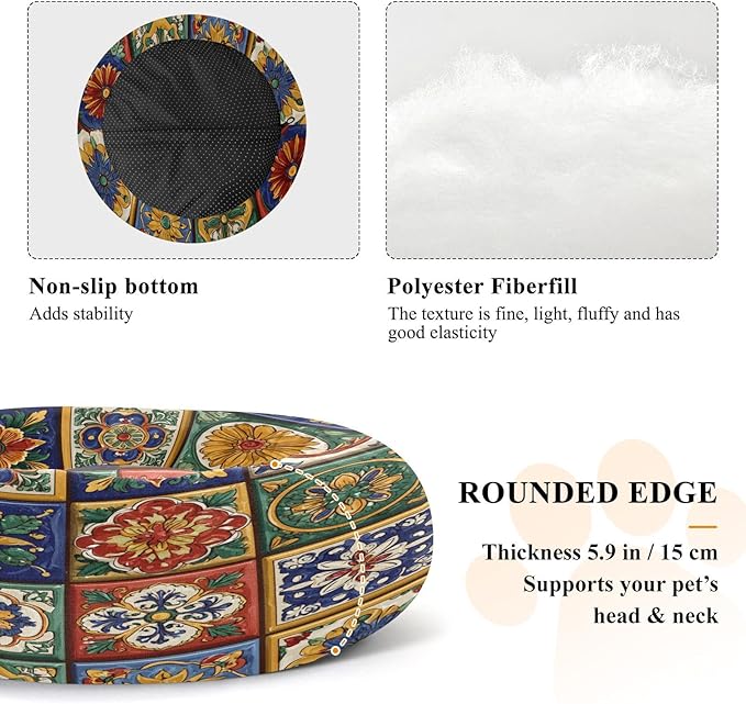 Round Cat Bed Dog Bed,20in Mexican Tile Patterns Washable Non-Slip Bottom Soft Pet Bed for Small Medium Dogs and Cats