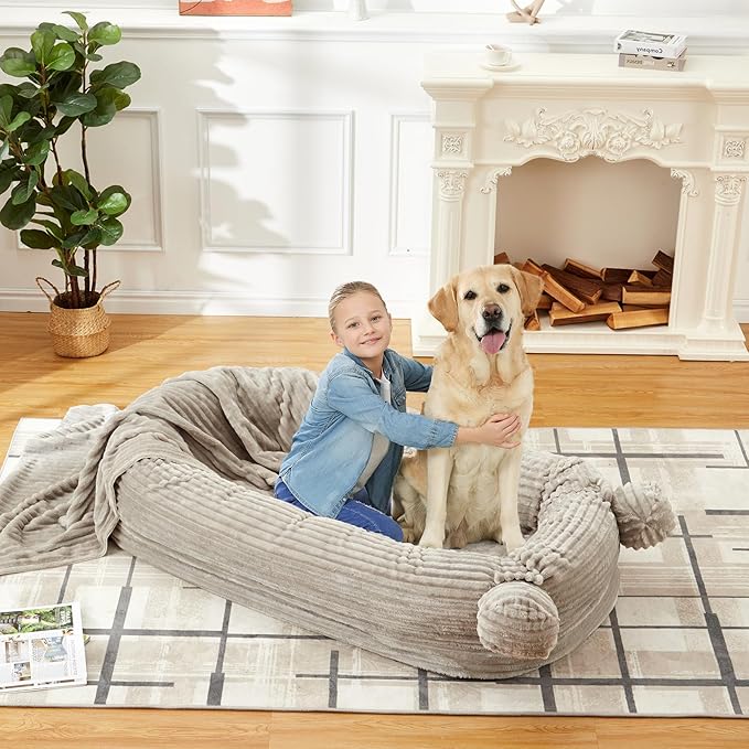 GarveeHome Human Sized Dog Bed, 71" x 45" x 12" Large Dog Bed with 2 Storage Pockets,Faux Fur Orthopedic Pet Bean Bed for Adults & Giant Pets - Khika