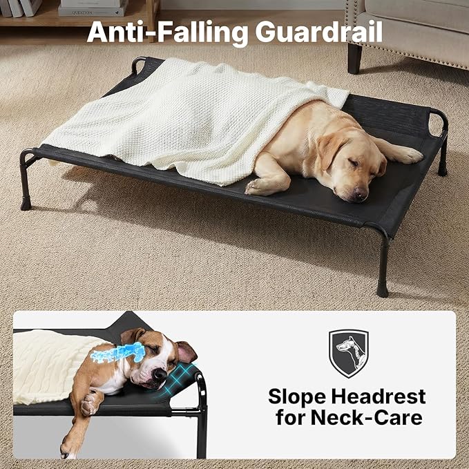 Veehoo Outdoor Dog Bed, Raised Dog Beds for Large Dogs, Elevated Dog Bed with Headrest, Washable Cooling Pet Cot with Non-Skid Feet, Breathable Pet Hammock for Indoor or Camping, 41", Black