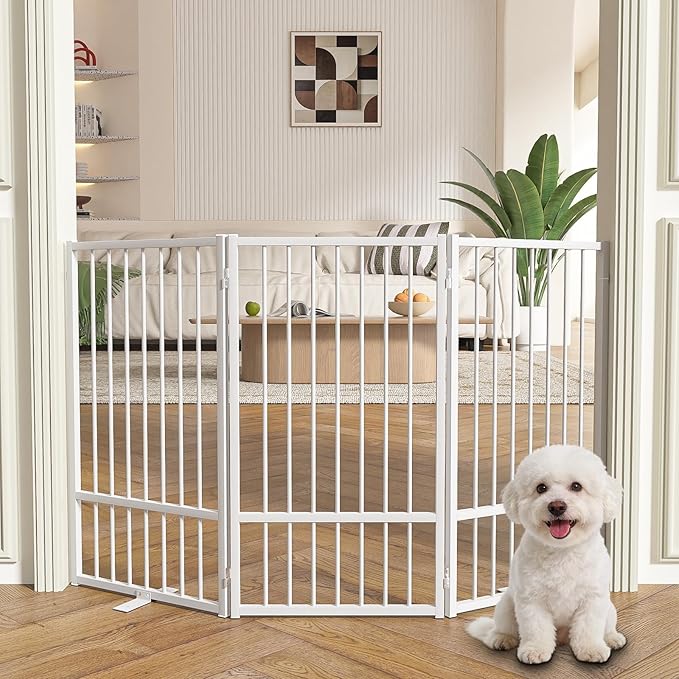 Full Metal Freestanding Dog Gate with Door, 36''Height Foldable Pet Dog Fence for Indoor & Outdoor, 3 Panels Extra Wide Free Standing TallDog Gates for Doorways,House,Stairs,Porch,Deck,Yard